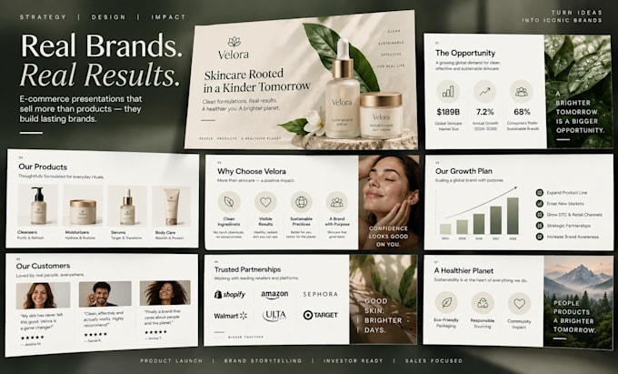 design ecommerce brand decks, product launch presentations and product showcase