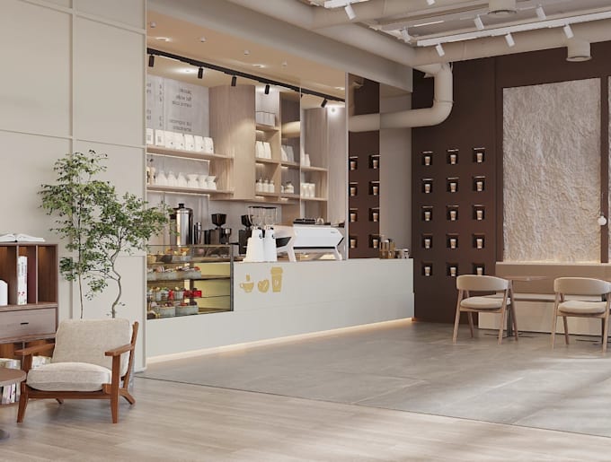 3d restobar interior,coffee house interior,cozy eatery layout, cgi bakery render