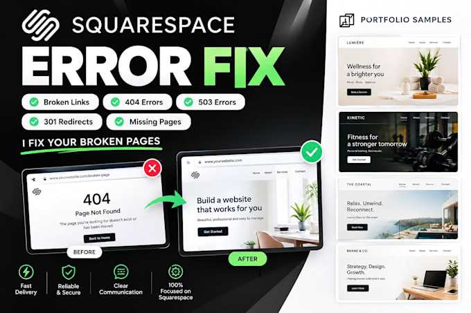 fix squarespace broken links, missing page errors, 404, 503 error 301 redirect