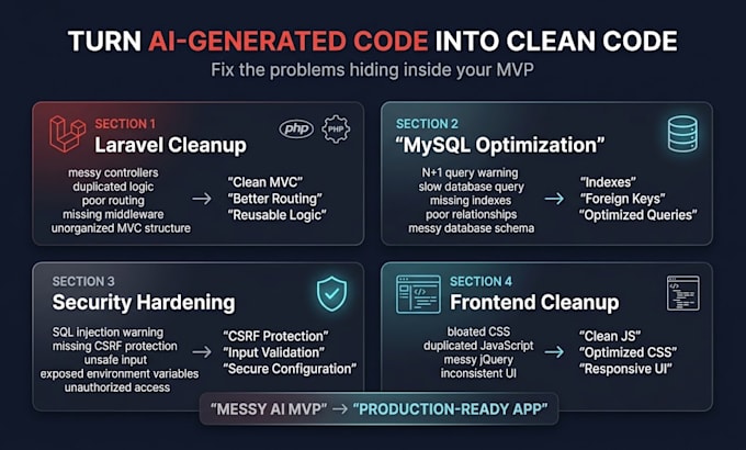 clean up ai code and refactor your PHP laravel mvp for production