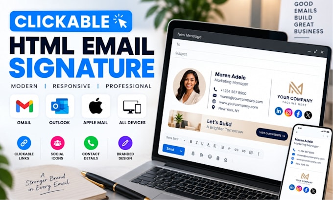 design a responsive clickable HTML email signature for gmail outlook apple mail
