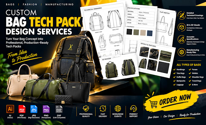 design backpack tech pack hand bag design technical drawing manufacturing