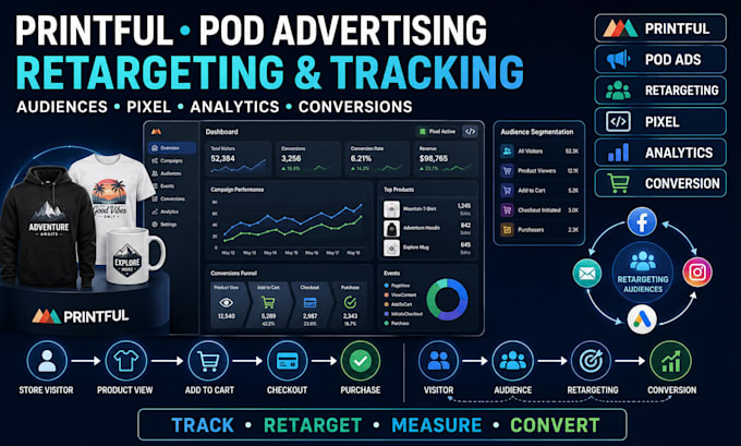 printful pod advertising retargeting audiences pixel analytics conversion track