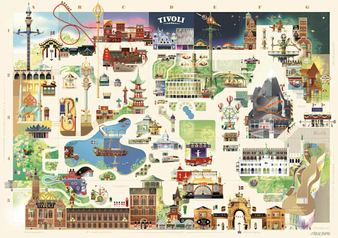 create amusement park map,festive fireworks background,vintage poster style,logo