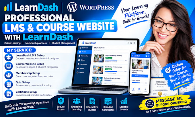 learndash wordpress lms, course website setup membership, quizzes, certificates