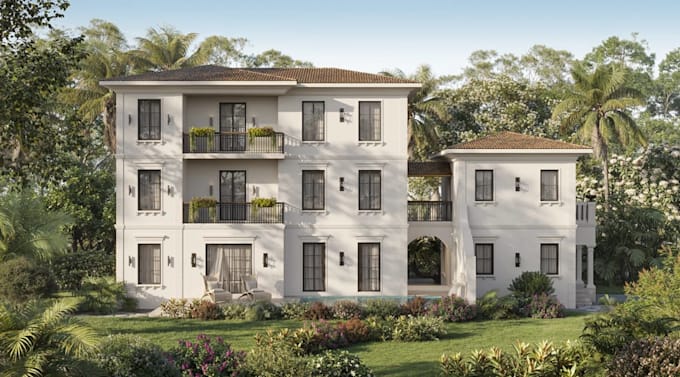revit luxury villa house,cgi mediterranean building render,curated garden design