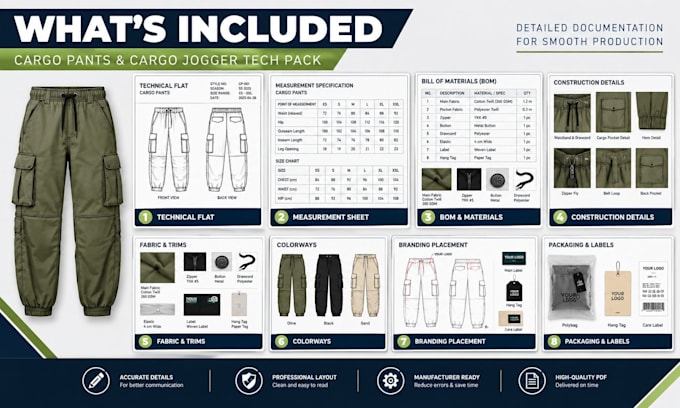 create a professional cargo pants and cargo jogger tech pack