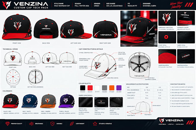 create hat and cap tech pack for headwear manufacturing and production