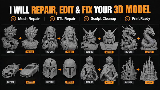 fix, repair, split, cleanup, modify, optimize 3d model stl file for 3d printing