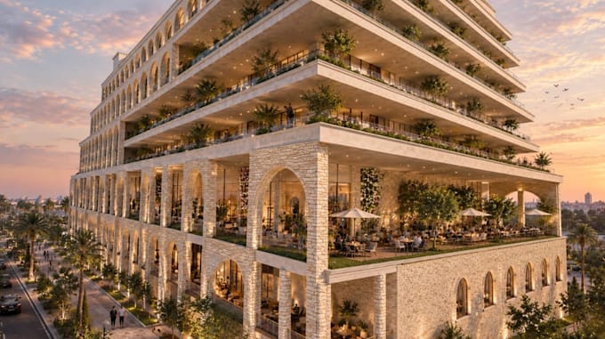 3d mixed use complex,tropical exterior,commercial retrofit, cgi apartment render