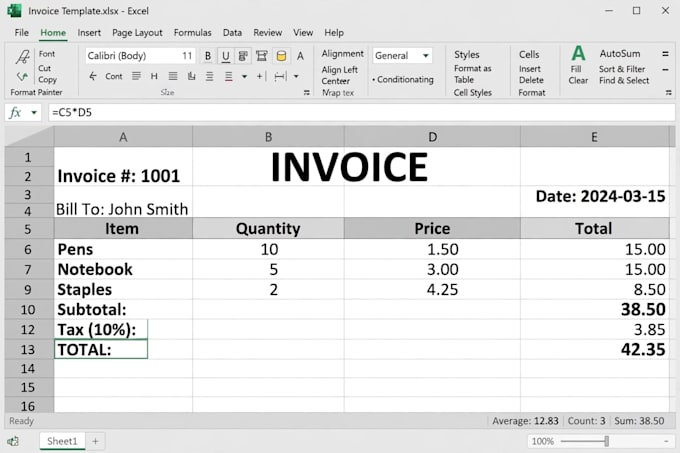 create professional excel invoice, sales report, stock sheet