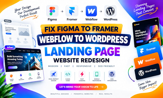 create fix figma to framer webflow to wordpress landing page website redesign
