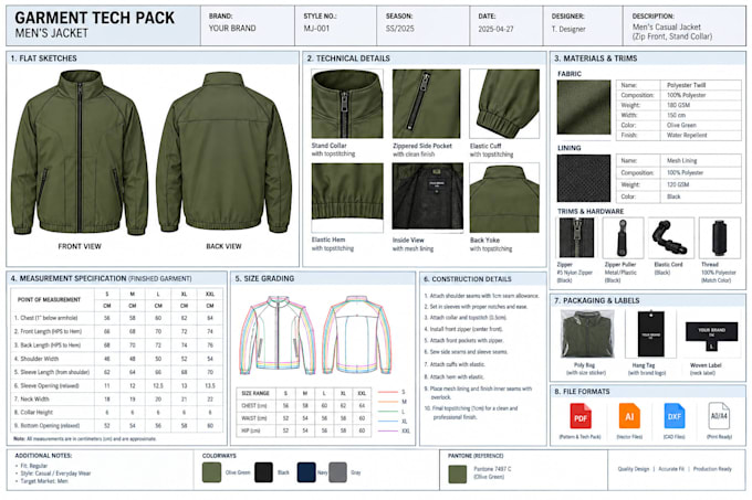 create professional jacket sewing pattern, grading and garment tech pack