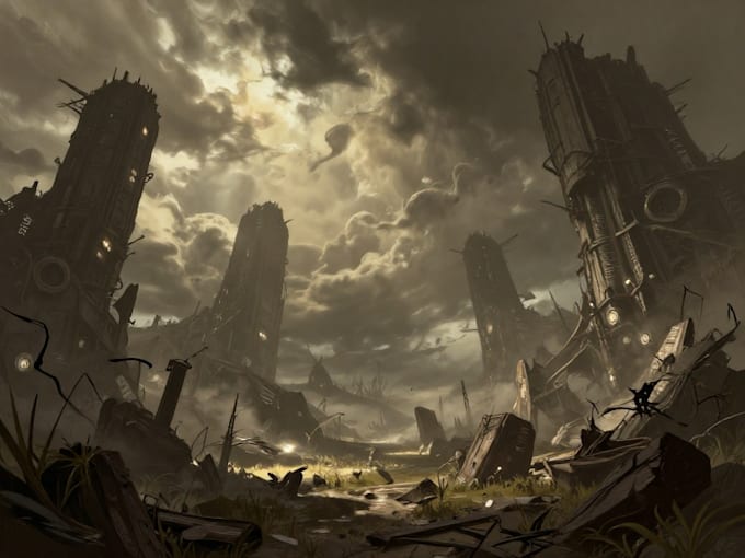 draw fantasy, post apocalyptic, background or concept art