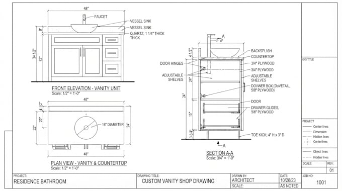 draft kitchen cabinet, vanity, bathroom drawings with dimension and construction