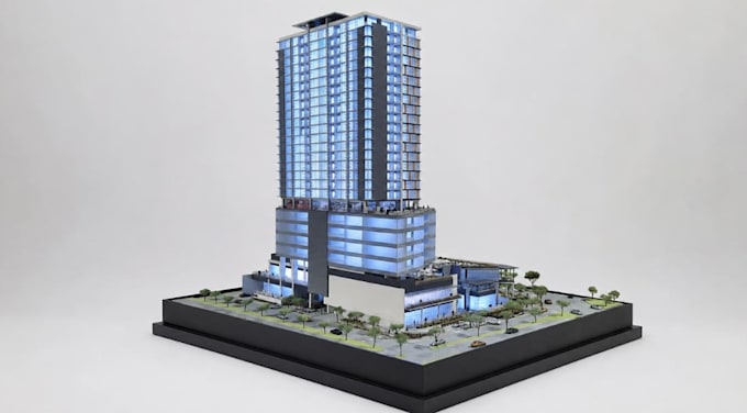 develop 3d diorama city highrise, streetscape podium,ground floor level building
