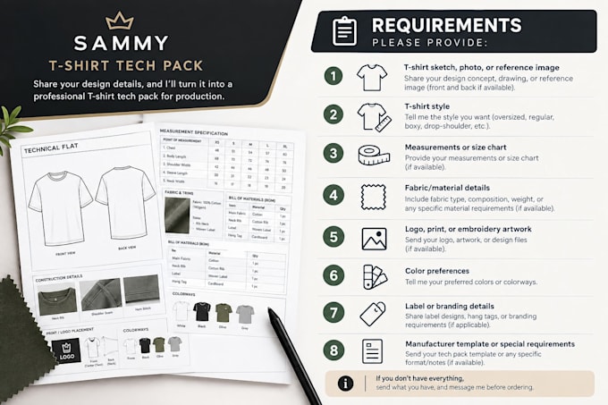 create t shirt tech pack and technical flats for production