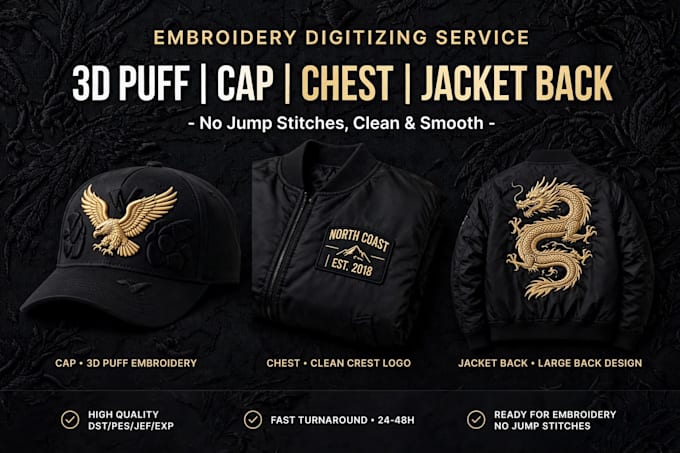 do embroidery digitizing 3d puff cap logo dst pes jef