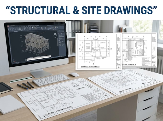 structural drawing, foundation plan, porch drawing and site plan