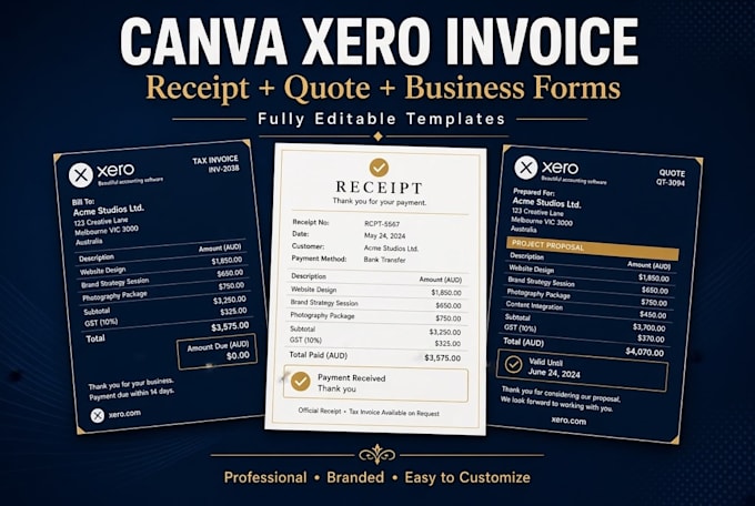 design editable canva xero invoice template, receipt, quote and business forms