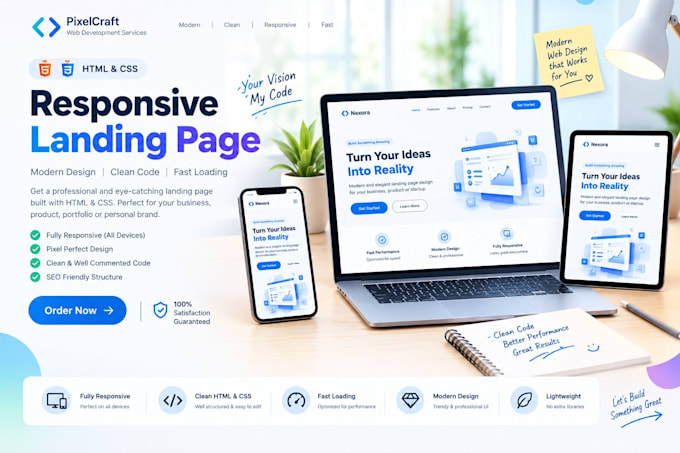 develop a responsive HTML CSS landing page