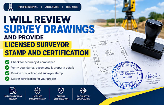 review survey drawings provide licensed surveyor stamp and certification