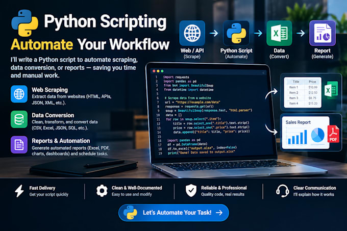 write a python script to automate scraping, data conversion, or reports