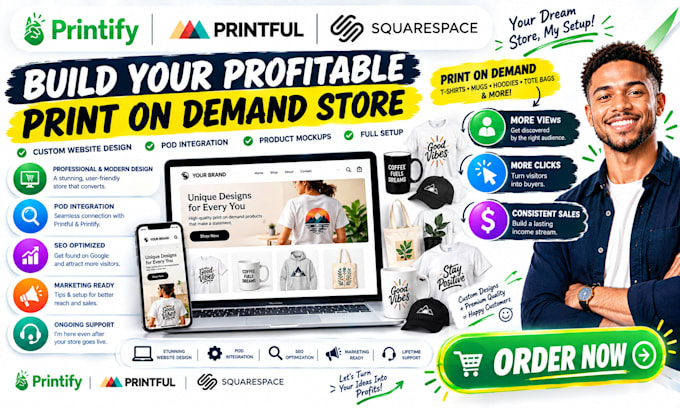 setup printful printify pod print on demand squarespace ecommerce website design
