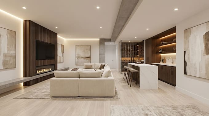 do basement interior design, game, gym room, 2d remodel plan with 3d rendering
