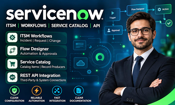 develop servicenow itsm workflows flow designer service now catalog rest API
