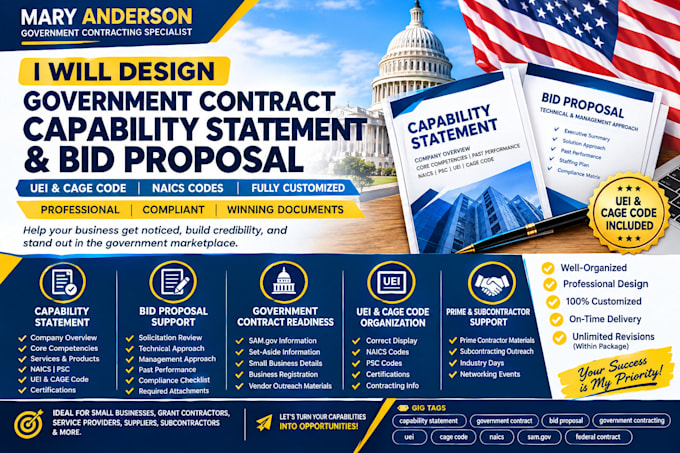 create a government contract capability statement, bid proposal, uei cage code