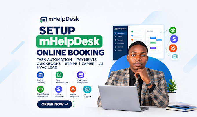 setup mhelpdesk online booking task automation payments quickbooks stripe zapier