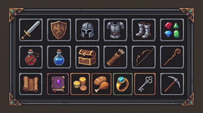 create pixel art game UI kit hud inventory menu buttons icons rpg mobile game