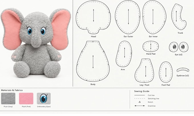 create a plush sewing pattern and tech pack for manufacturing
