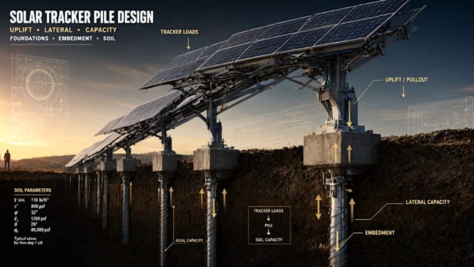 design solar tracker piles, foundations, uplift and lateral capacity