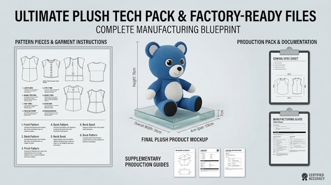 draw a vtuber plushie turnaround sheet and factory tech pack