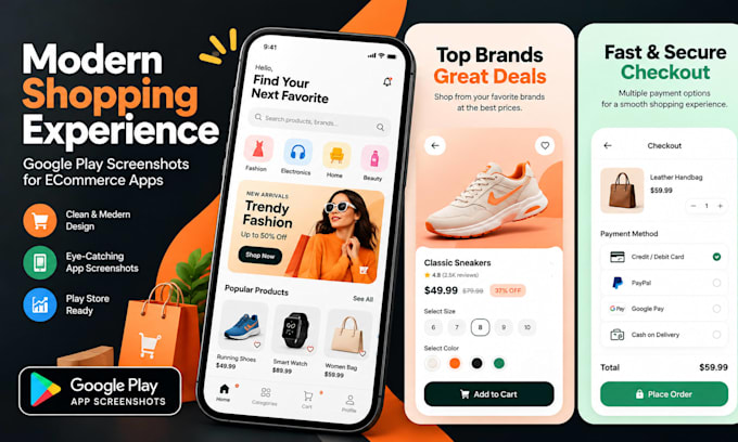 design google play screenshots for ecommerce apps