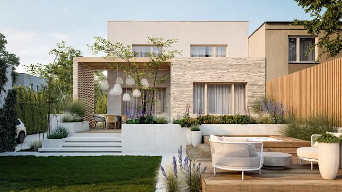 modify building elevation, house facade redesign, outdoor living space render