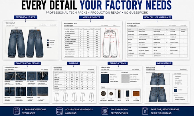 create baggy jeans tech pack and denim jeans tech pack for production use