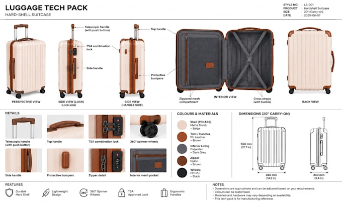 create luggage tech pack, suitcase, carry on, trolley, specs, production ready