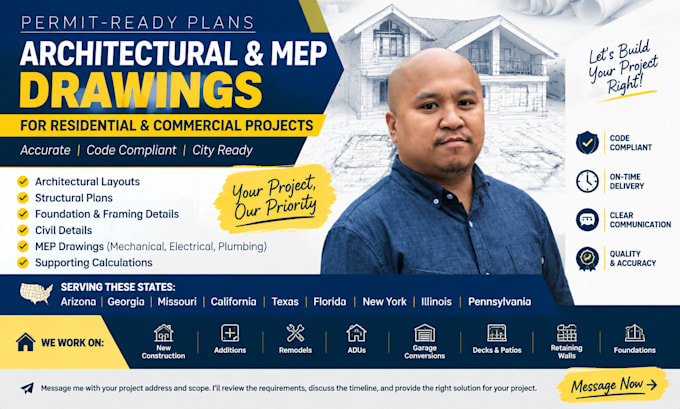 create architectural and mep permit drawings for az, ga mo projects