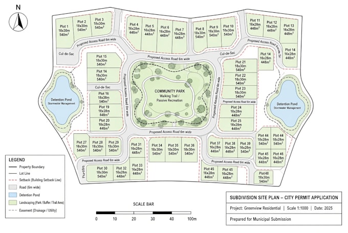 create 2d subdivision plan, site plan and plot layout for city permit