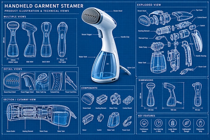 create product illustration, line art, vector drawing and technical drawing