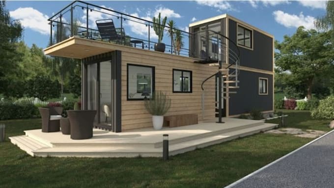 create 3d tiny house, tiny container with 3d rendering design