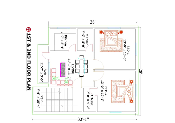 create a professional 2d autocad floor plan with dimensions