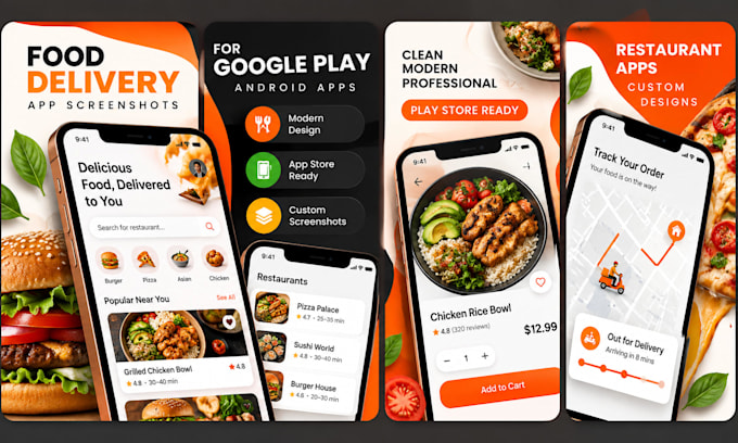 design google play app screenshots for food delivery apps
