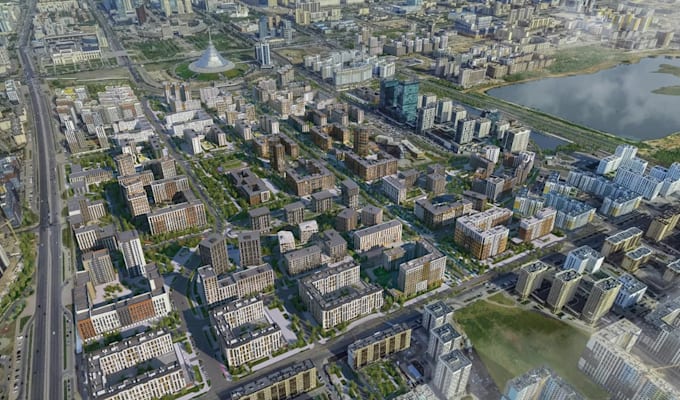 visualize 3d site plan, mixed use development,city masterplan,aerial view render