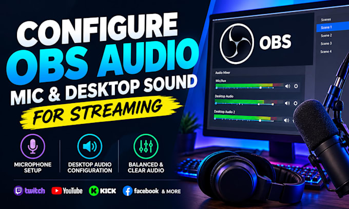 configure obs audio, microphone and desktop sound for streaming