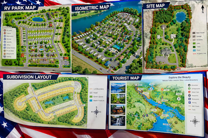 create rv park map, isometric map, site map, subdivision layout, tourist map
