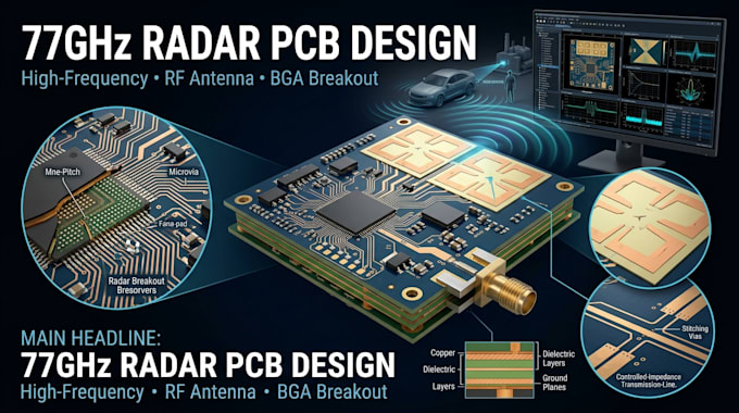 design high frequency 77ghz radar pcb, antenna and bga breakout